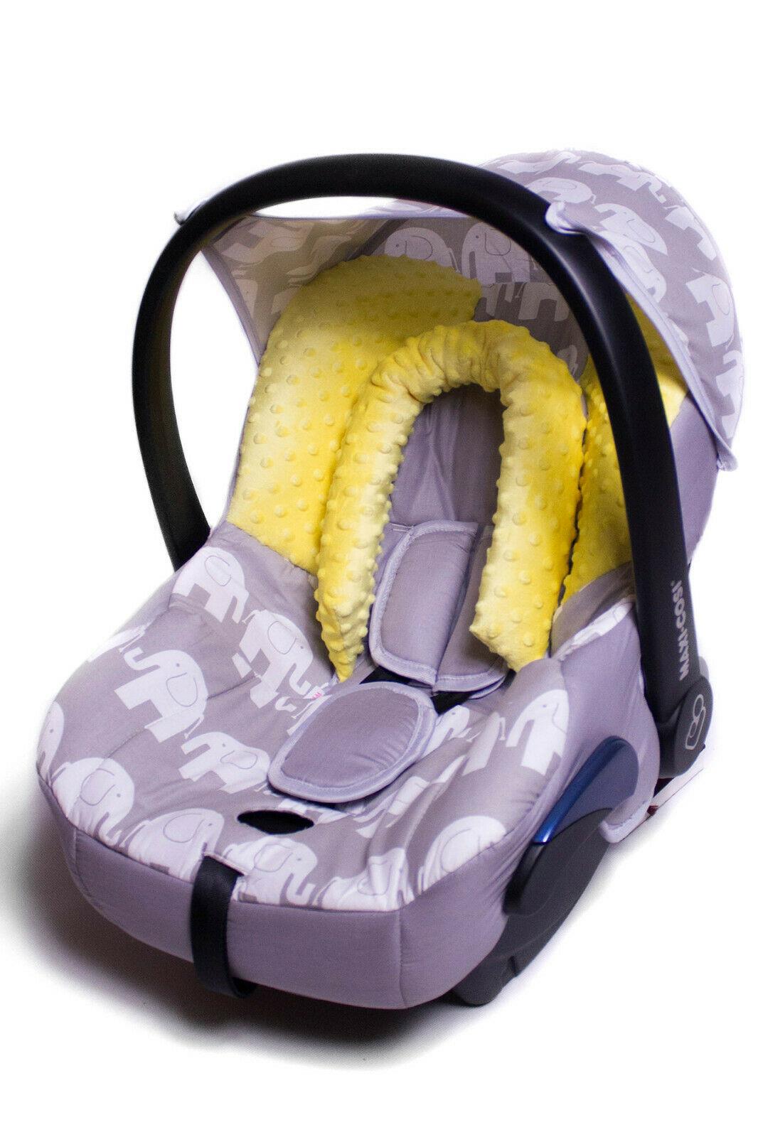 Full Cover Set Fitting Maxi Cosi Cabriofix Baby Car Seat - Elephants Grey / Yellow