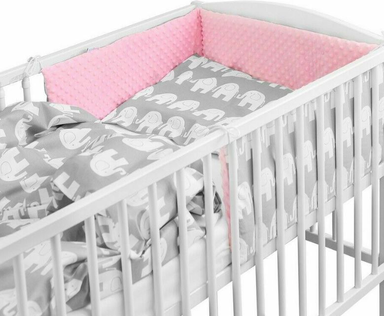 Baby 6Pc Dimple Bedding Set Pillow Duvet Quilt Sheet Bumper Fit Cotbed 140X70cm Dimple Pink/ Grey Elephants