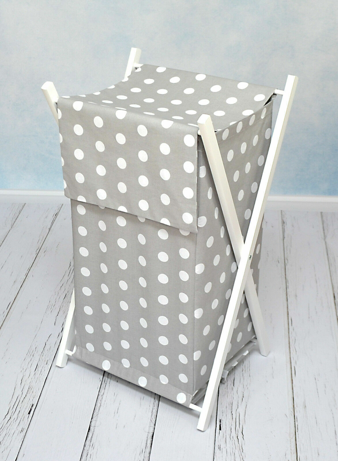 Laundry Basket with white wooden frame and storage removable linen DOTS GREY