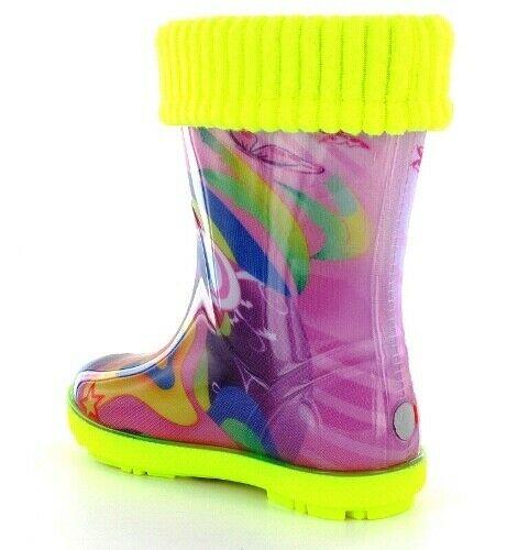 Wellies Kids Rain Snow Boots Removable Inner Lining Socks Wellington Purple Butterfly