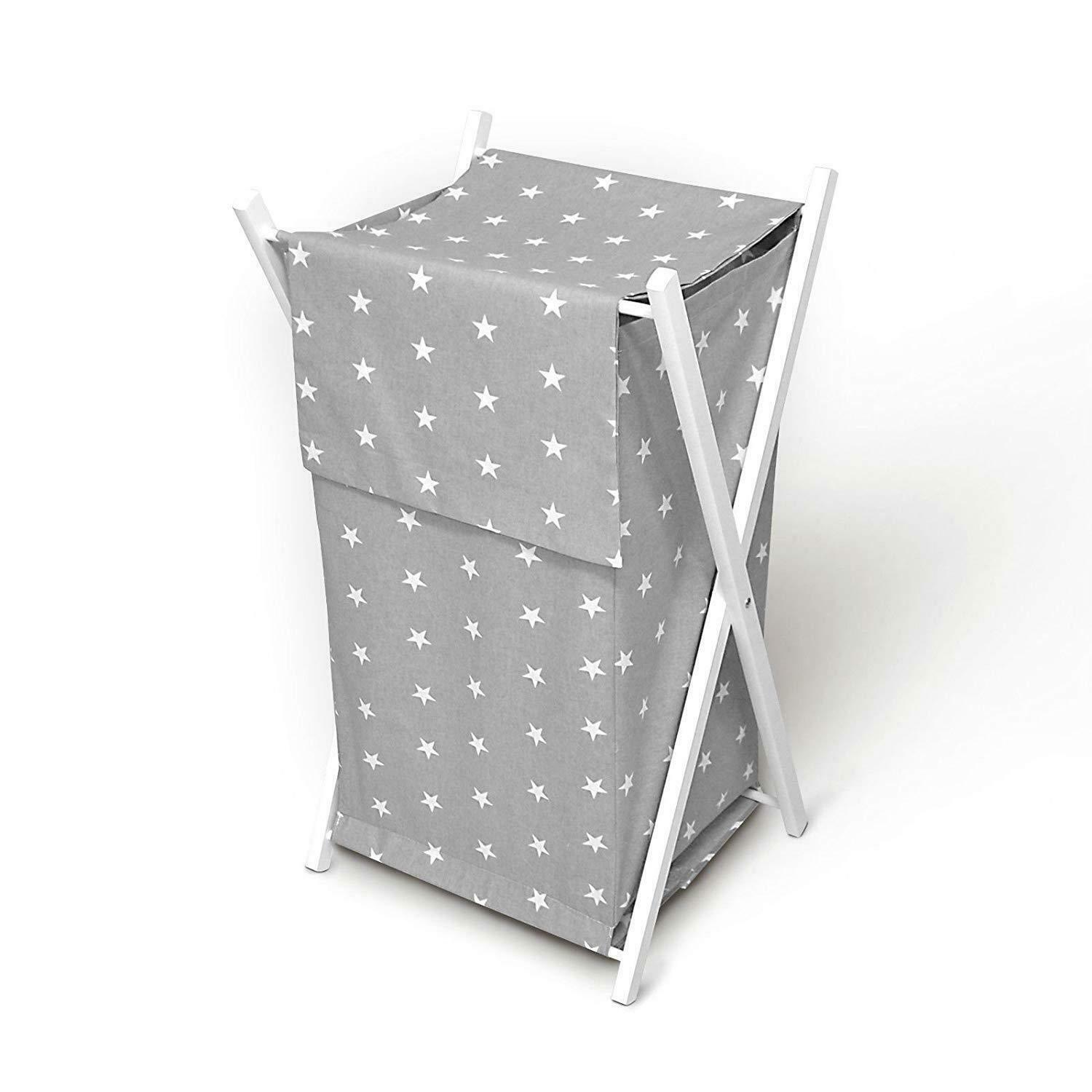Laundry Basket with white wooden frame and storage removable linen SMALL WHITE STARS ON GREY