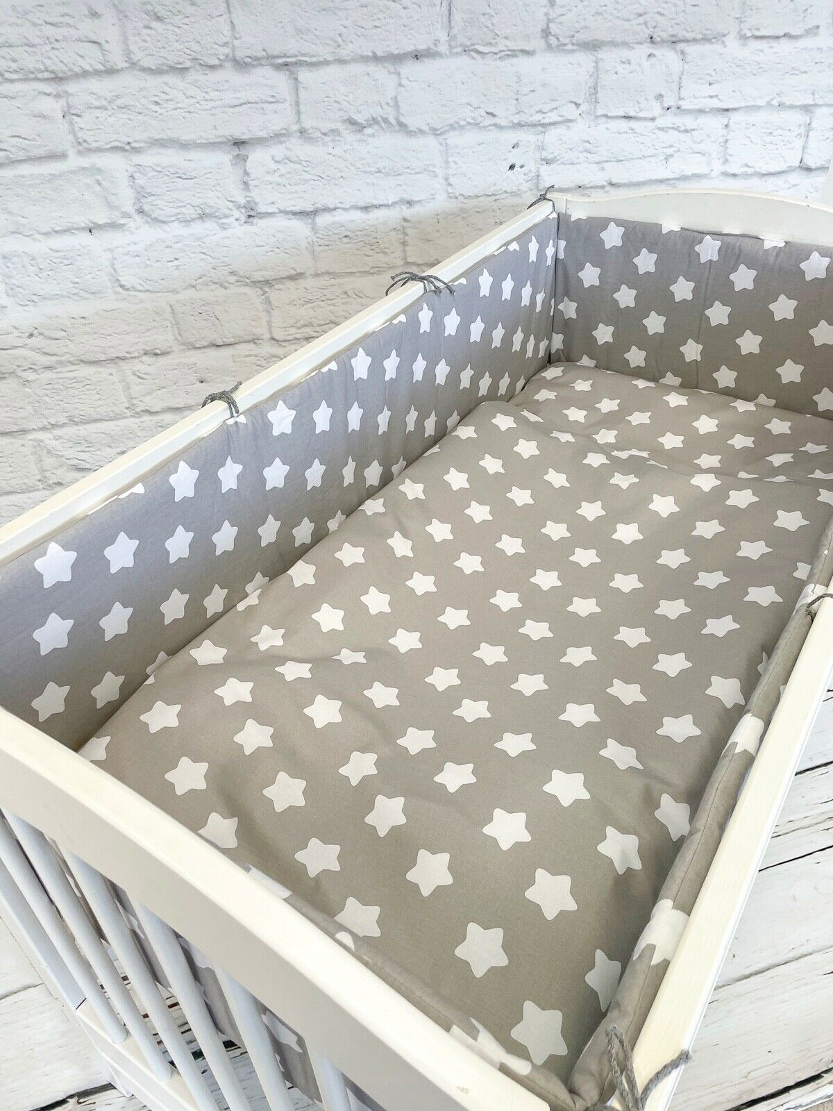 Padded Baby Bumper To Fit Cot 120x60 All Around 100% Cotton 360cm Big White stars