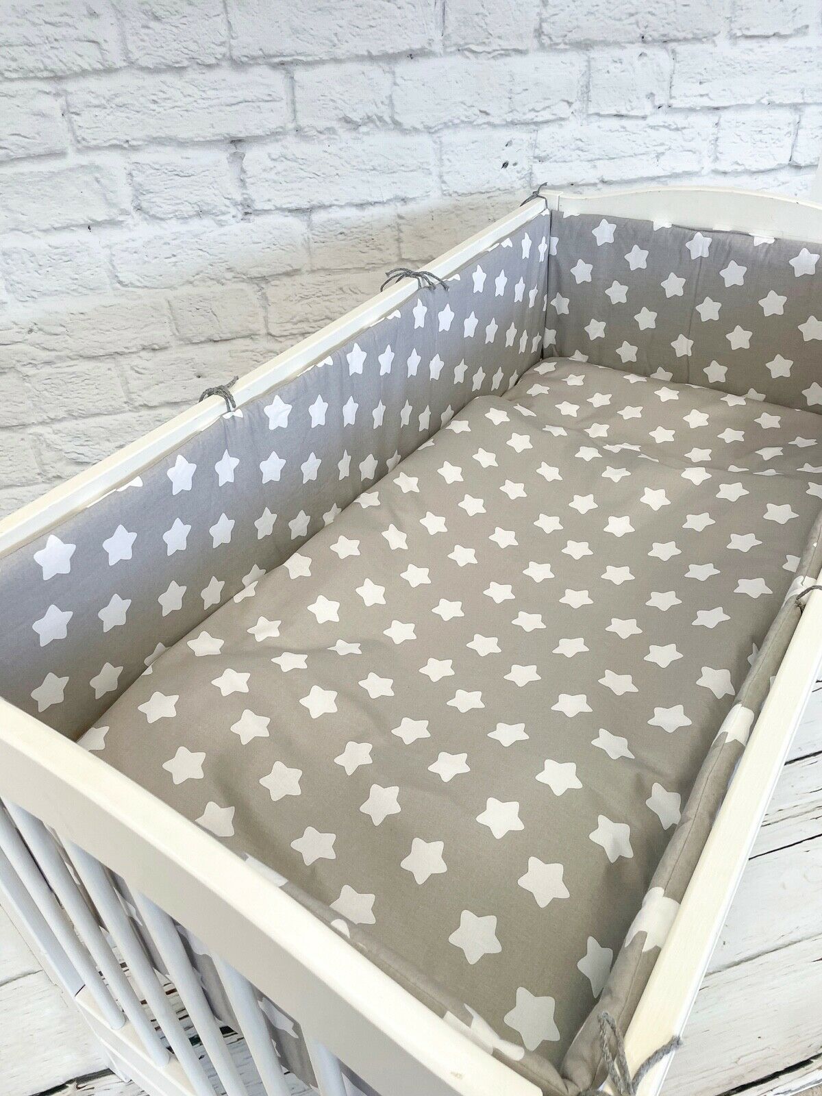 Padded baby bumper to fit cot 120x60 all around 100% cotton 360cm Big White stars