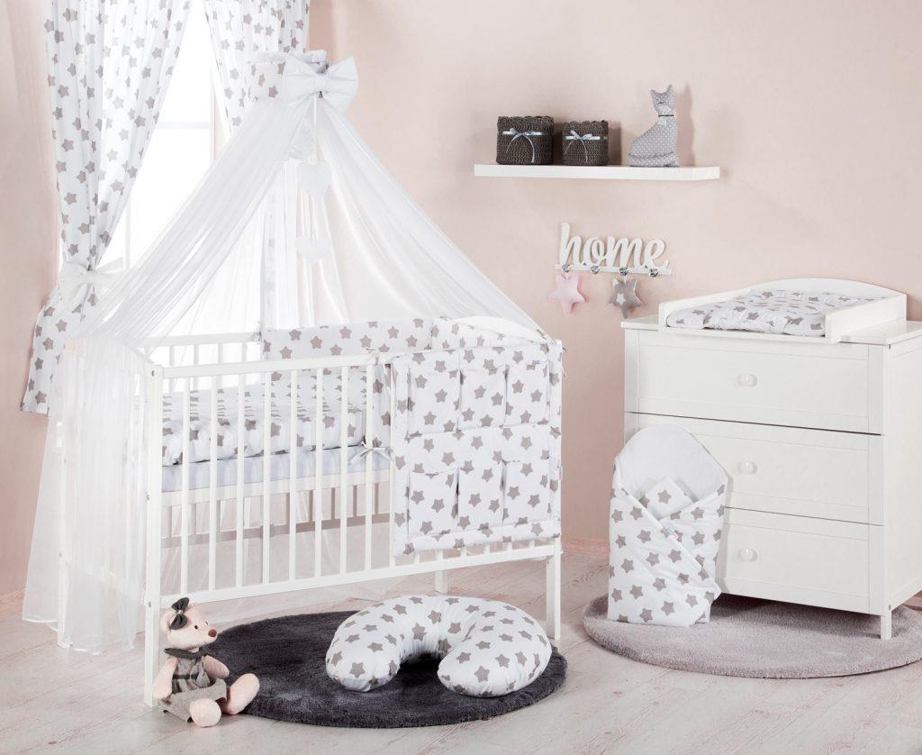 Baby bedding set 10pc fit cot bed 140x70cm - Big grey stars on white