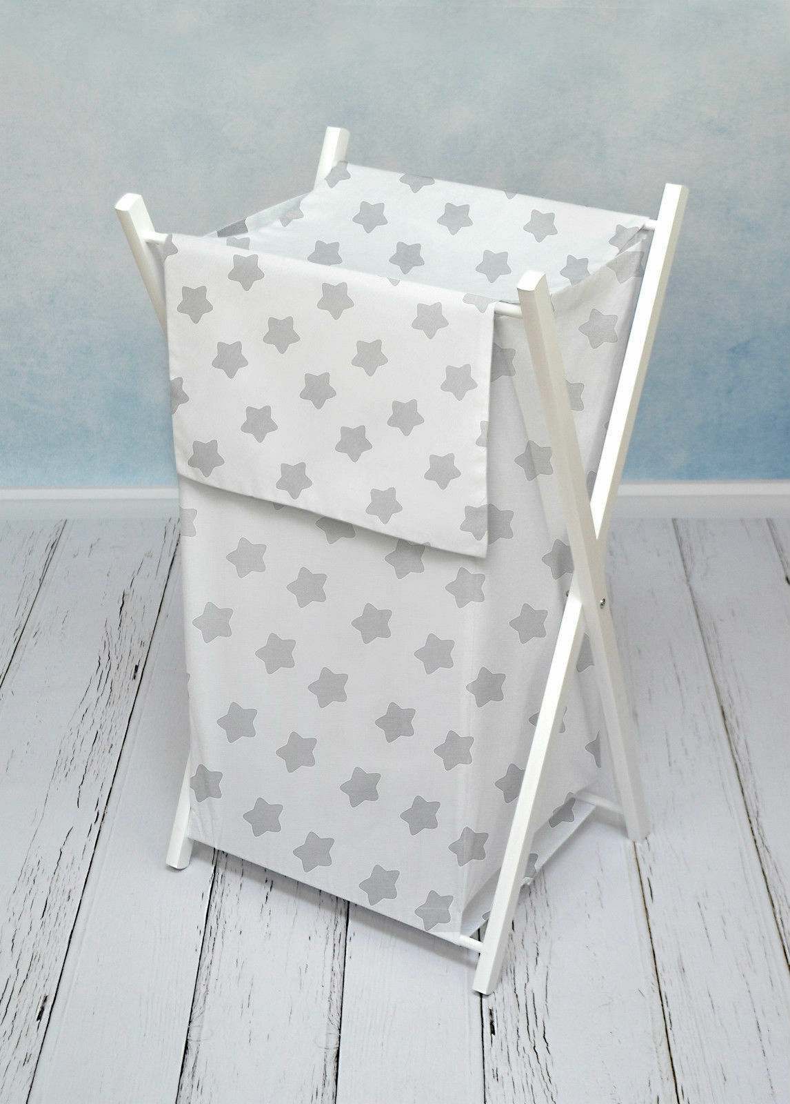 Laundry Basket with white wooden frame and storage removable linen Big grey stars with white
