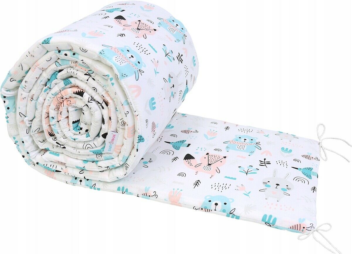 Baby Padded Bumper 100% Cotton To Fit Crib All Round 260cm BOHO Animals Turquoise