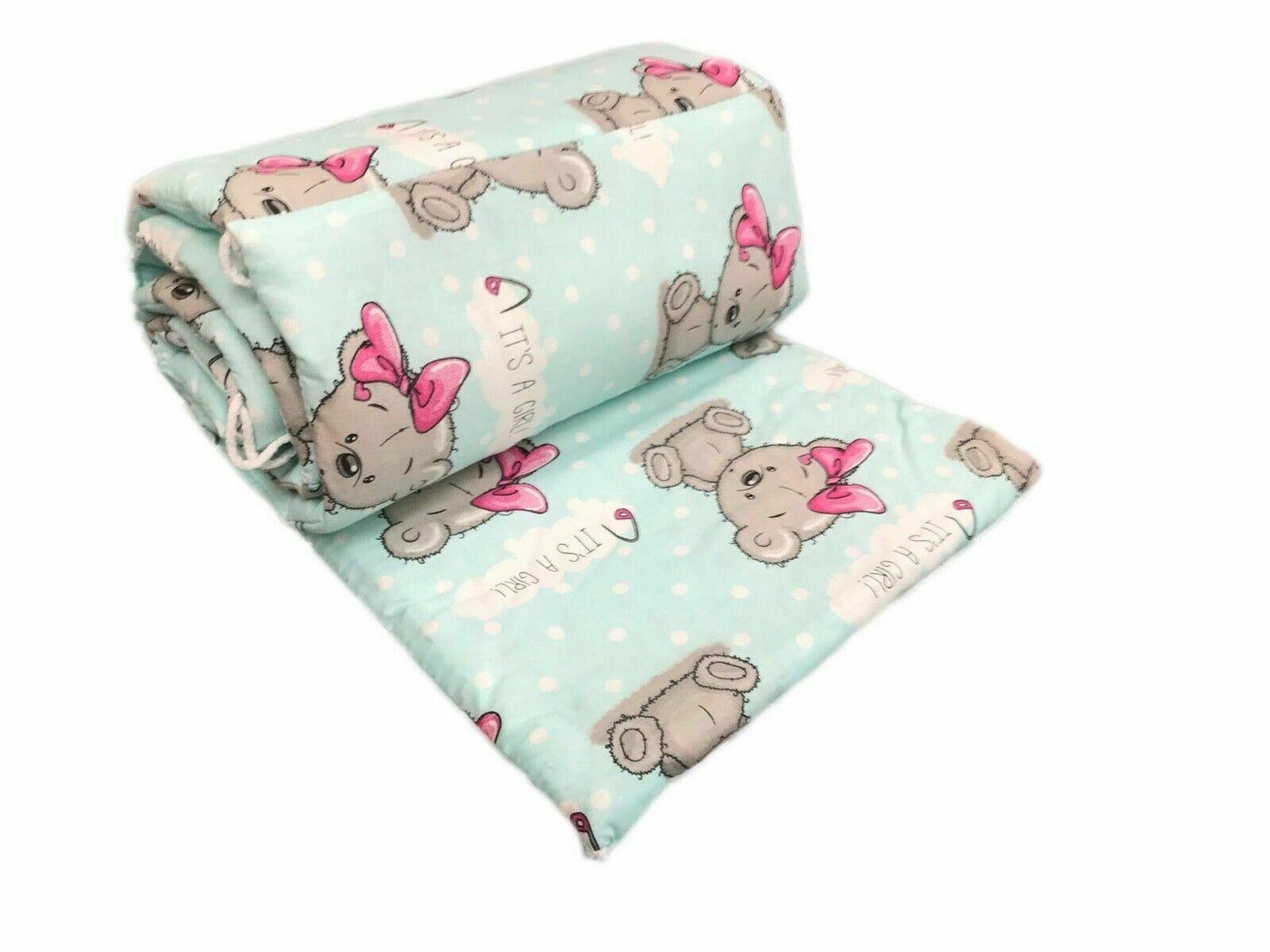 Baby Padded Bumper 100% Cotton To Fit Crib All Round 260cm Teddy Girl Mint