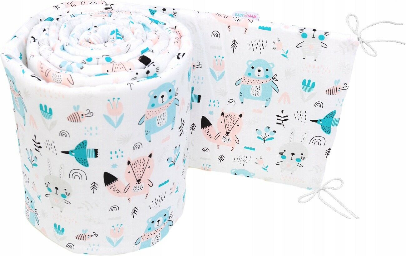 Baby Padded Bumper 100% Cotton To Fit Crib All Round 260cm BOHO Animals Turquoise