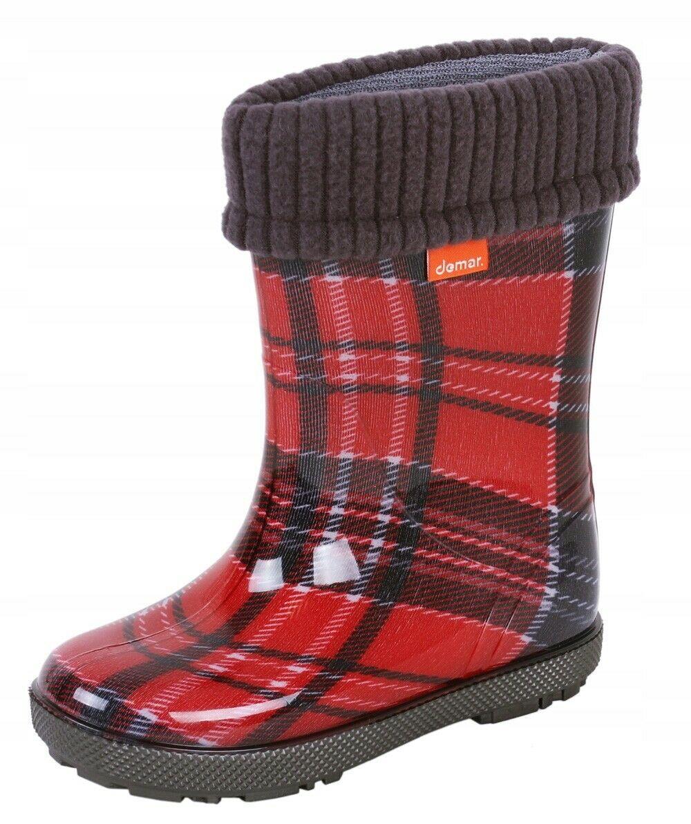 Wellies Kids Rain Snow Boots Removable Inner Lining Socks Wellington Tartan