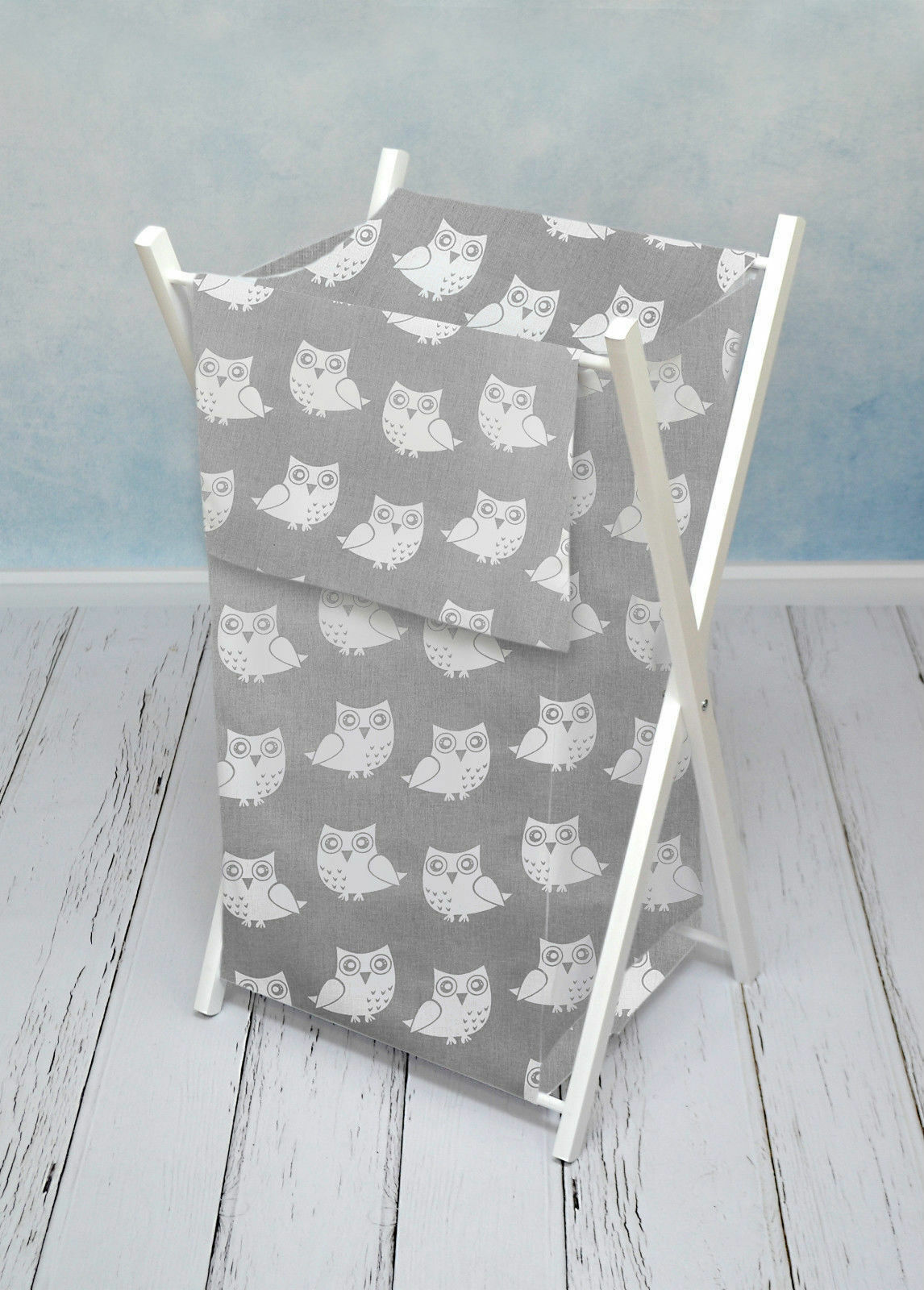 Laundry Basket with white wooden frame and storage removable linen OWLS GREY
