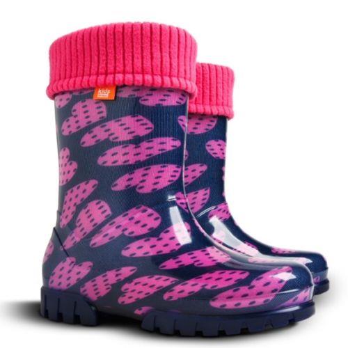Wellies Kids Rain Snow Boots Removable Inner Lining Socks Wellington Hearts