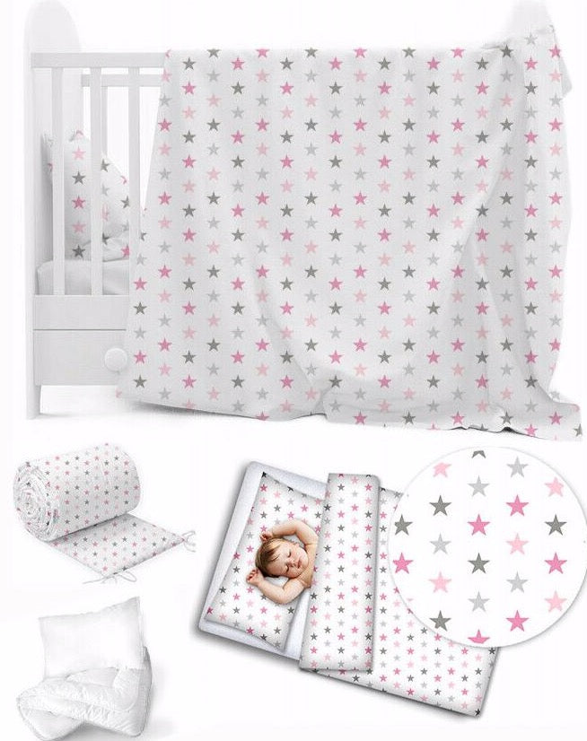 Baby 5Pc Bedding Set Pillow Duvet Bumper Fit Cotbed 140x70cm Grey Pink Stars