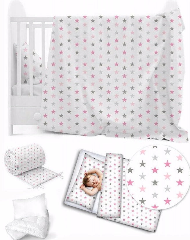 Baby 5Pc Bedding Set Pillow Duvet Bumper Fit Cotbed 140X70cm Grey Pink Stars
