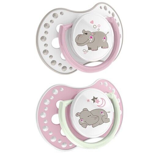 LOVI Dynamic Soother Silicone 6-18m Glow In The Dark Dummy 2 pcs Hippo Pink