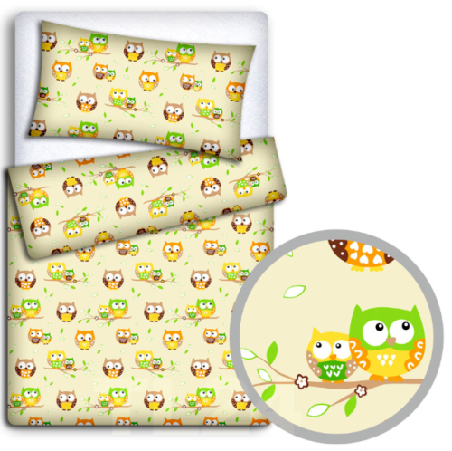 Baby Bedding Set 4pc Cotton 120x90cm Fit Cot Owls Yellow