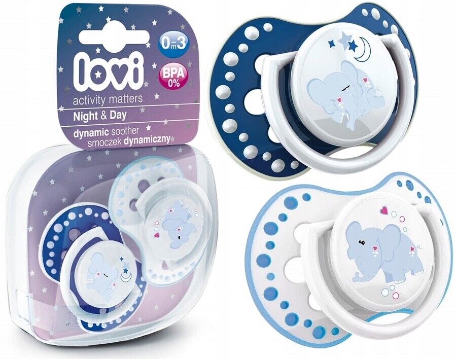 LOVI Dynamic Soother Silicone 0-3m Glow In The Dark Dummy 2 pcs Elephant blue