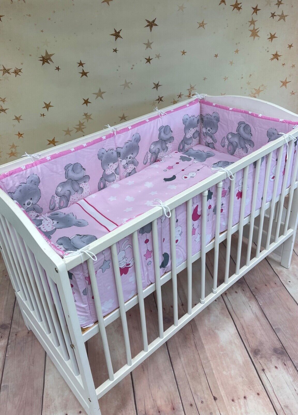 Baby Bedding Set 3pc Cotton All-round Straight Bumper fit Cot Cuddle Bear Pink