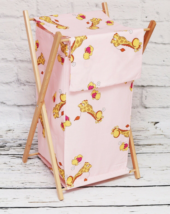 Natural wooden frame laundry basket with removable linen Giraffe Pink - MyHappy Baby