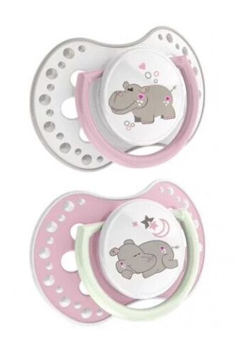 LOVI Dynamic Soother Silicone 3-6m Glow In The Dark Dummy 2 pcs Hippo Pink