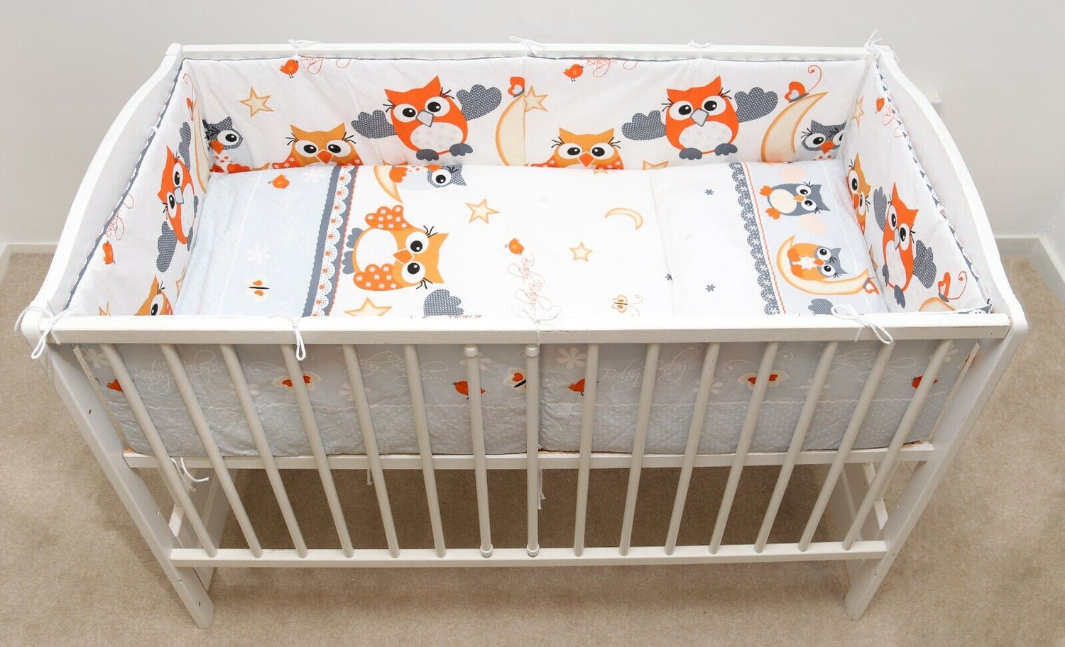 Baby Bedding Set 6pc All-round Bumper Fit Cot 120x60 Owls moon grey