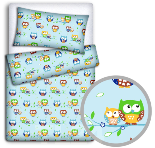 Filled Bedding 100% Cotton Fit Cot 120x60CM Soft Baby Duvet Pillow Owls Blue