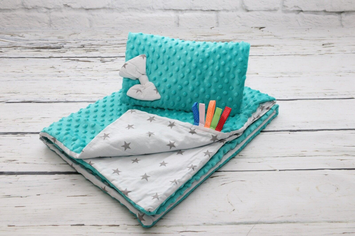 Baby Blanket Dimple Quilt Pillow Set 100x75 Turquoise/Small white stars