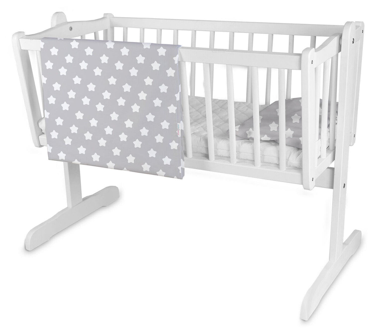 Baby Bedding Set 5pc Nursery Cotton Pillow Duvet Bumper 70x80cm Big White Stars On Grey