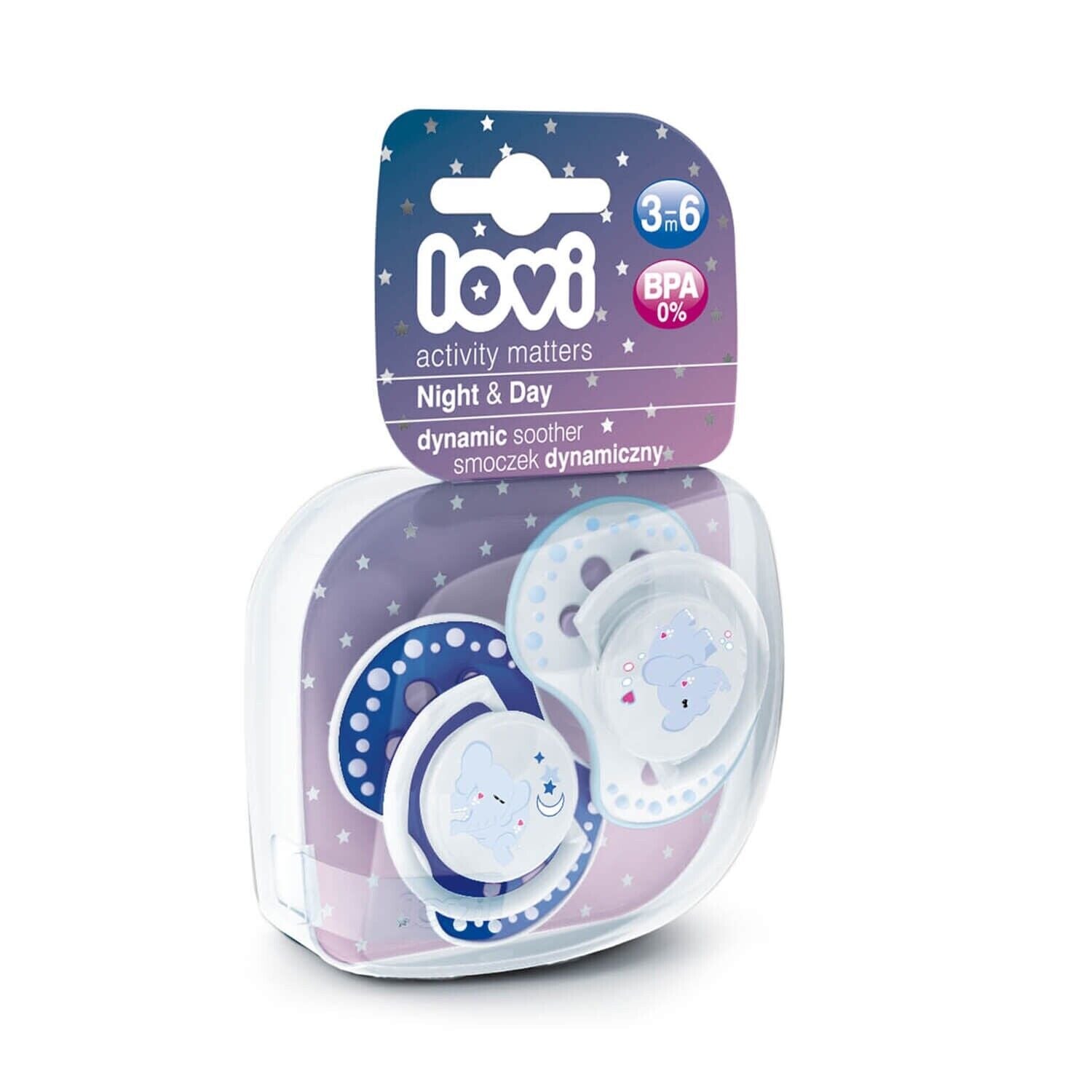 LOVI Dynamic Soother Silicone 3-6m Glow In The Dark Dummy 2 pcs Elephant Blue