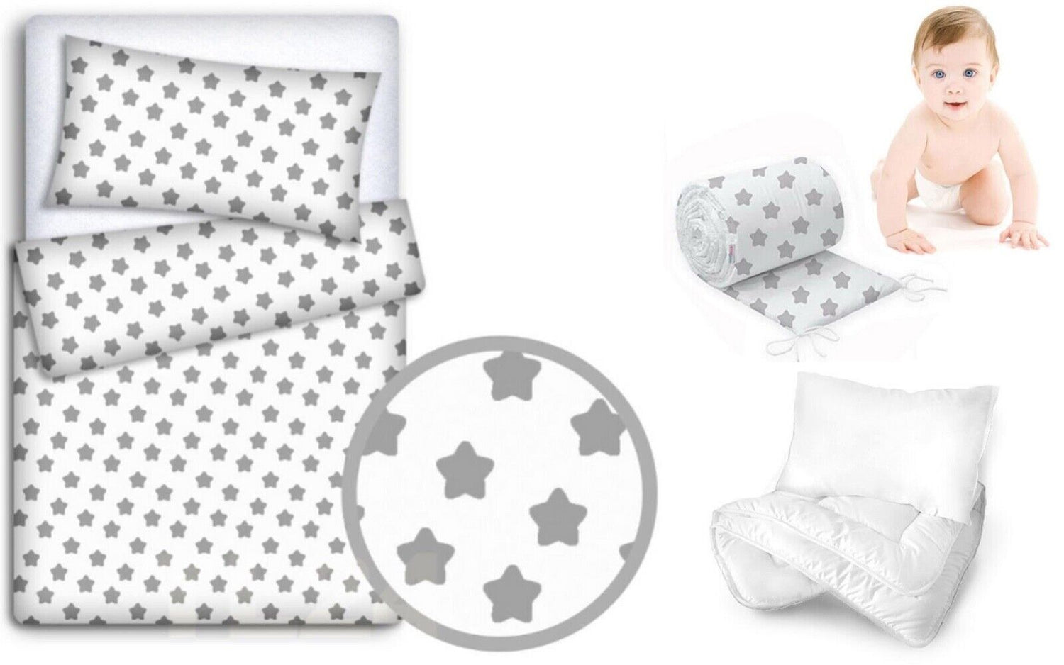 Baby Bedding Set 6pc bumper all around Cotton to Fit Cot 120x60cm Big Grey Stars