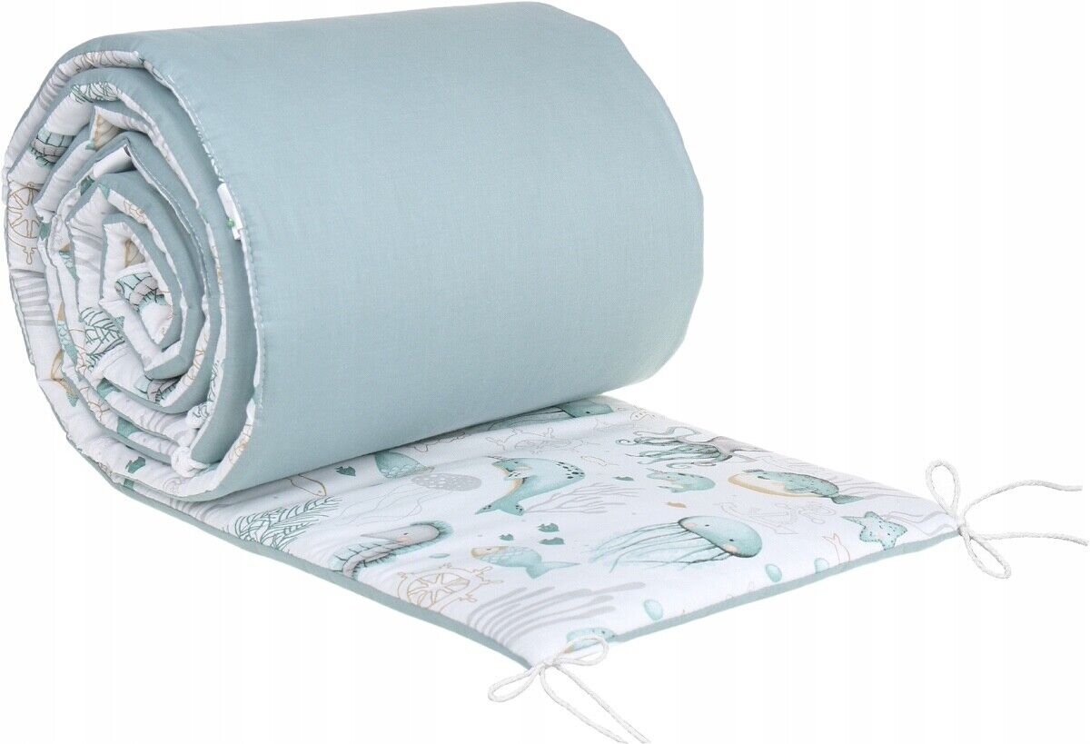 Padded Cot Bumper 180x30cm 100% Cotton Sea life/ Sage