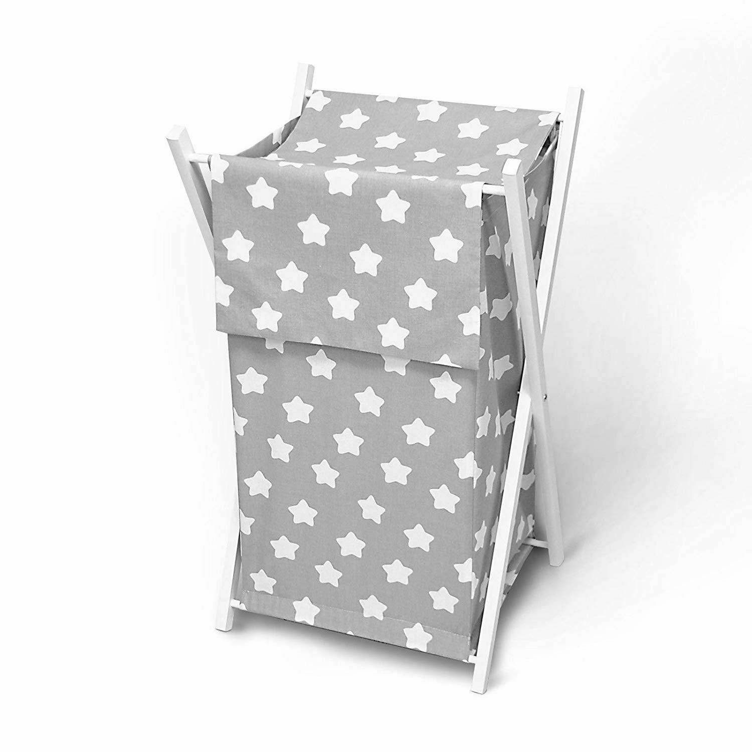 Laundry Basket with white wooden frame and storage removable linen Big white stars with grey