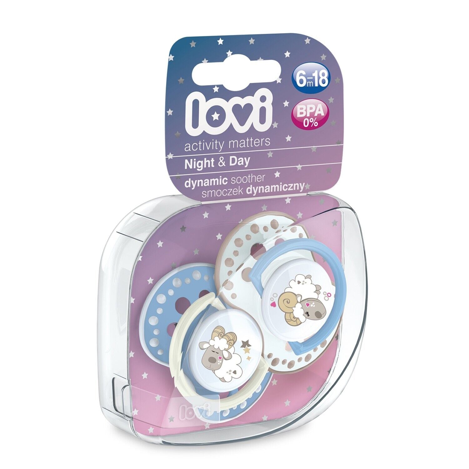 LOVI Dynamic Soother Silicone 6-18m Glow In The Dark Dummy 2 pcs Sheep Blue