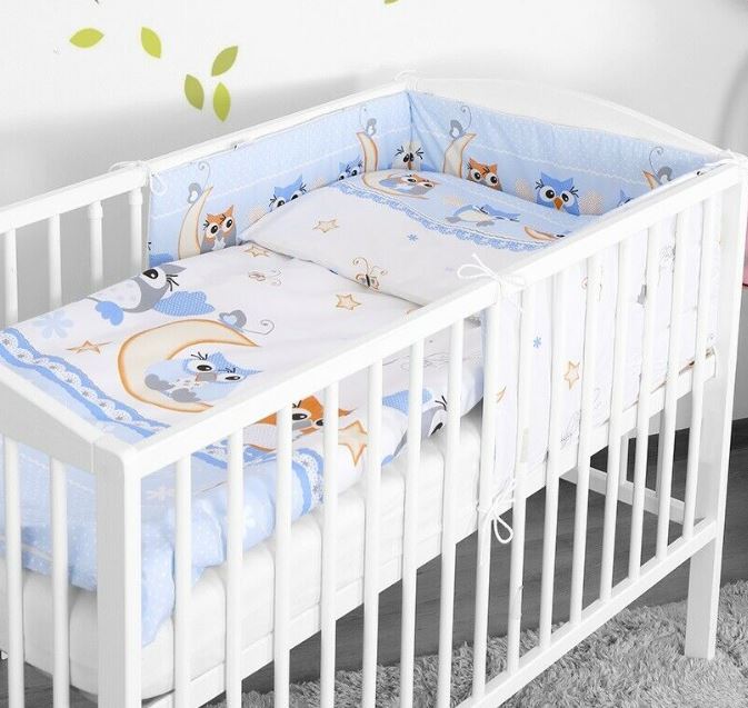 Baby 3Pc Bedding Set Pillow Duvet Bumper Fit Cotbed 140X70cm Owls Moon Blue