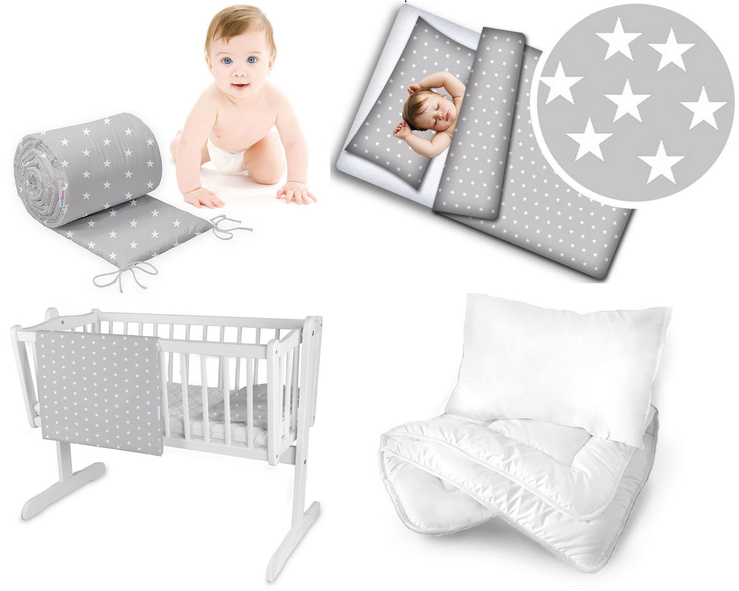 Baby 5pc Bedding Set Cotton Pillow Duvet Bumper 70x80cm Small White Stars On Grey