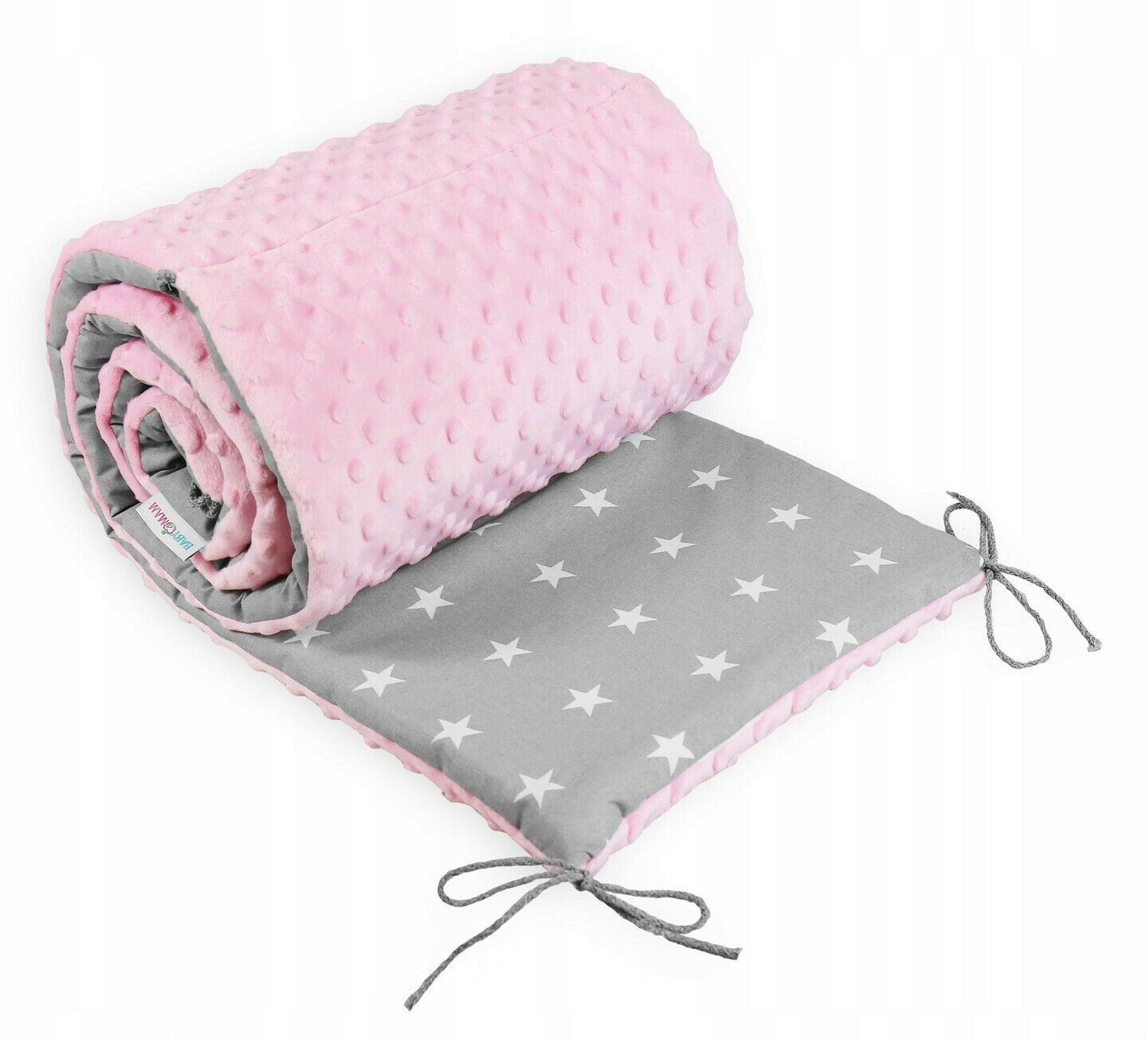 Baby dimple padded bumper 180cm straight fit COT 120x60 Pink/ Small white stars on grey