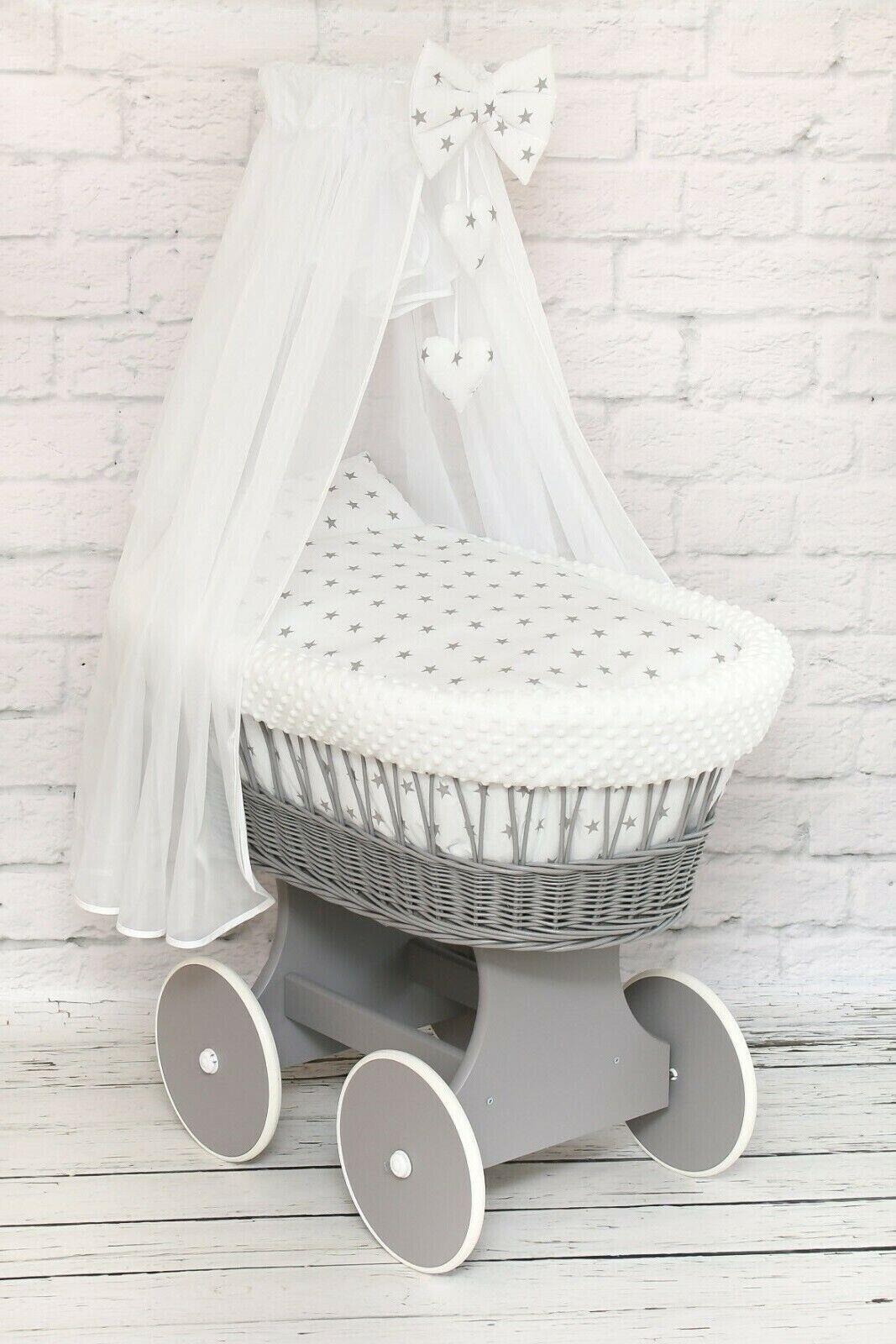 Moses Wicker Basket Full Set Bedding Set Canopy Grey/Dimple White/ Small stars on white
