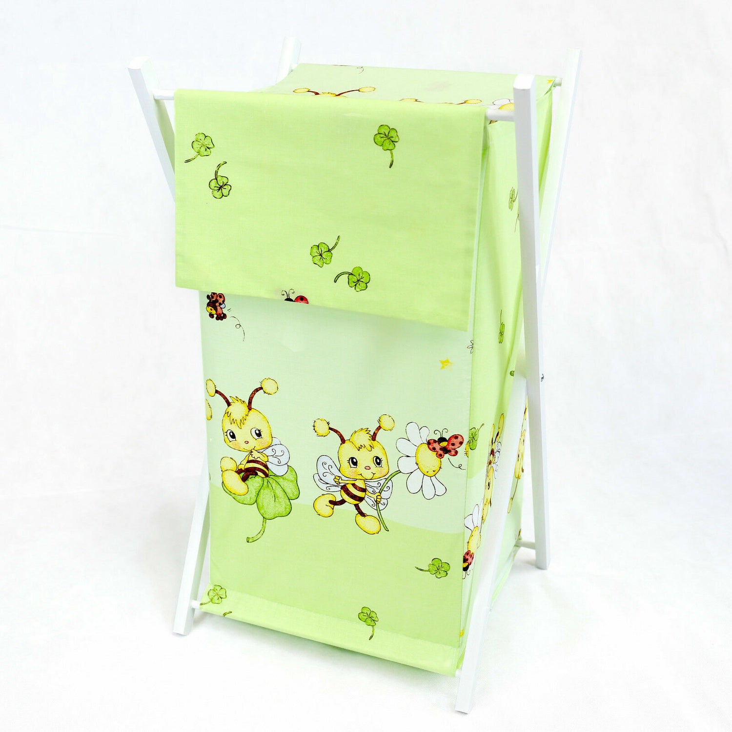 Laundry Basket with white wooden frame and storage removable linen Bees Green