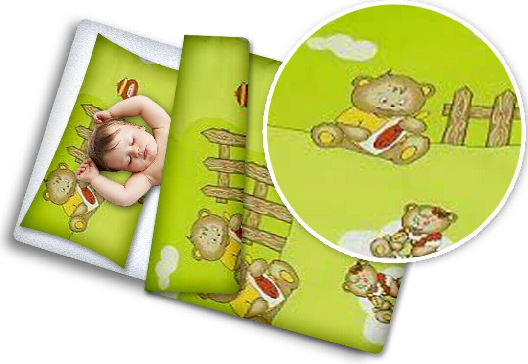Baby 4Pc Bedding Set Pillow Duvet Quilt Fit Cotbed 140X70cm Teddy Cloud Green