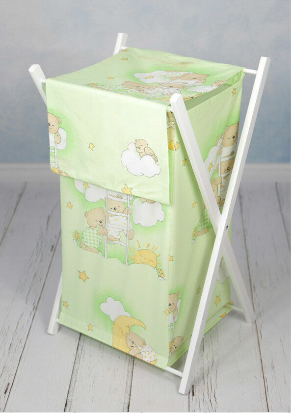 Laundry Basket with white wooden frame and storage removable linen Ladder Green