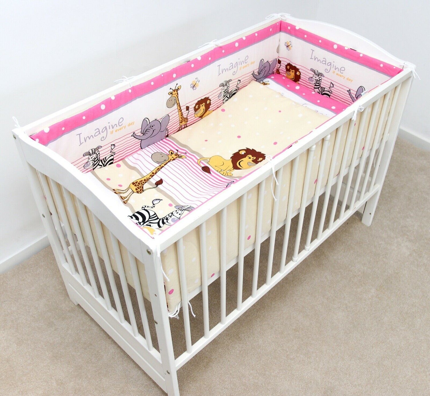 Padded baby bumper to fit cot 120x60 all around 100% cotton 360cm Bumper Safari Pink