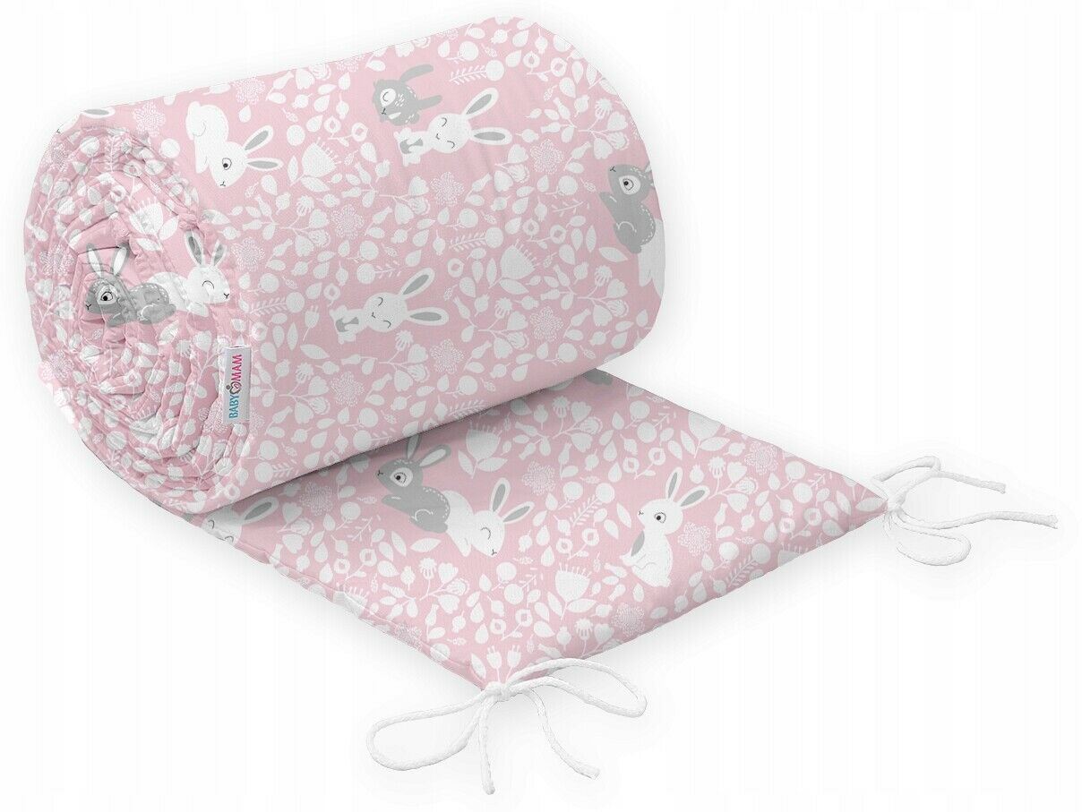 Baby Padded Bumper 100% Cotton To Fit Crib All Round 260cm Bunny Pink