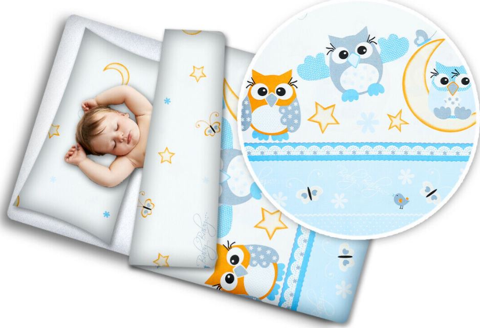 Baby 4Pc Bedding Set Pillow Duvet Quilt Fit Cotbed 140X70cm Owls Moon Blue