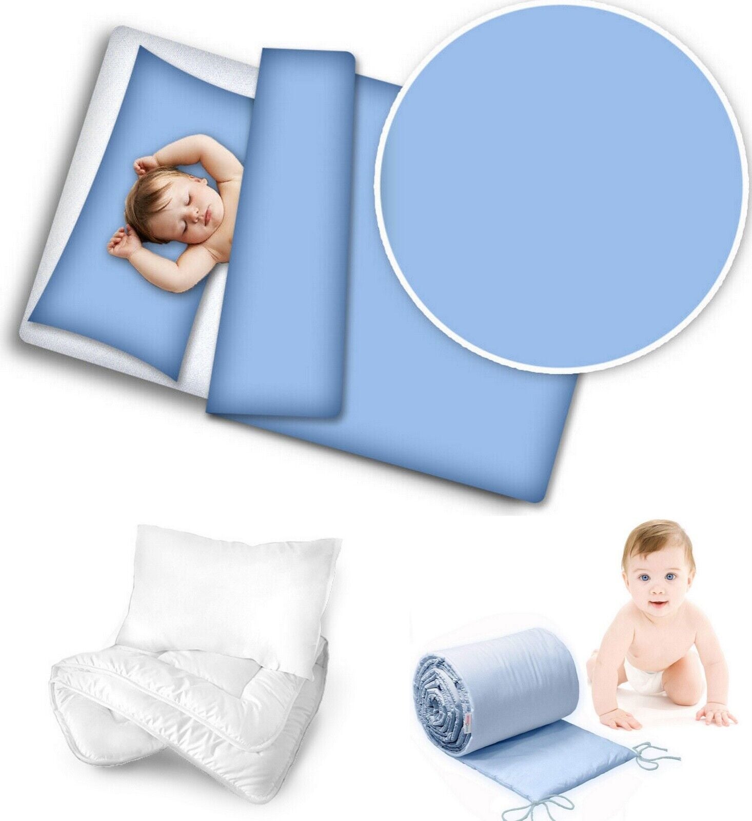 Baby bedding set 5pc nursery cotton pillow duvet bumper 70x80cm Blue
