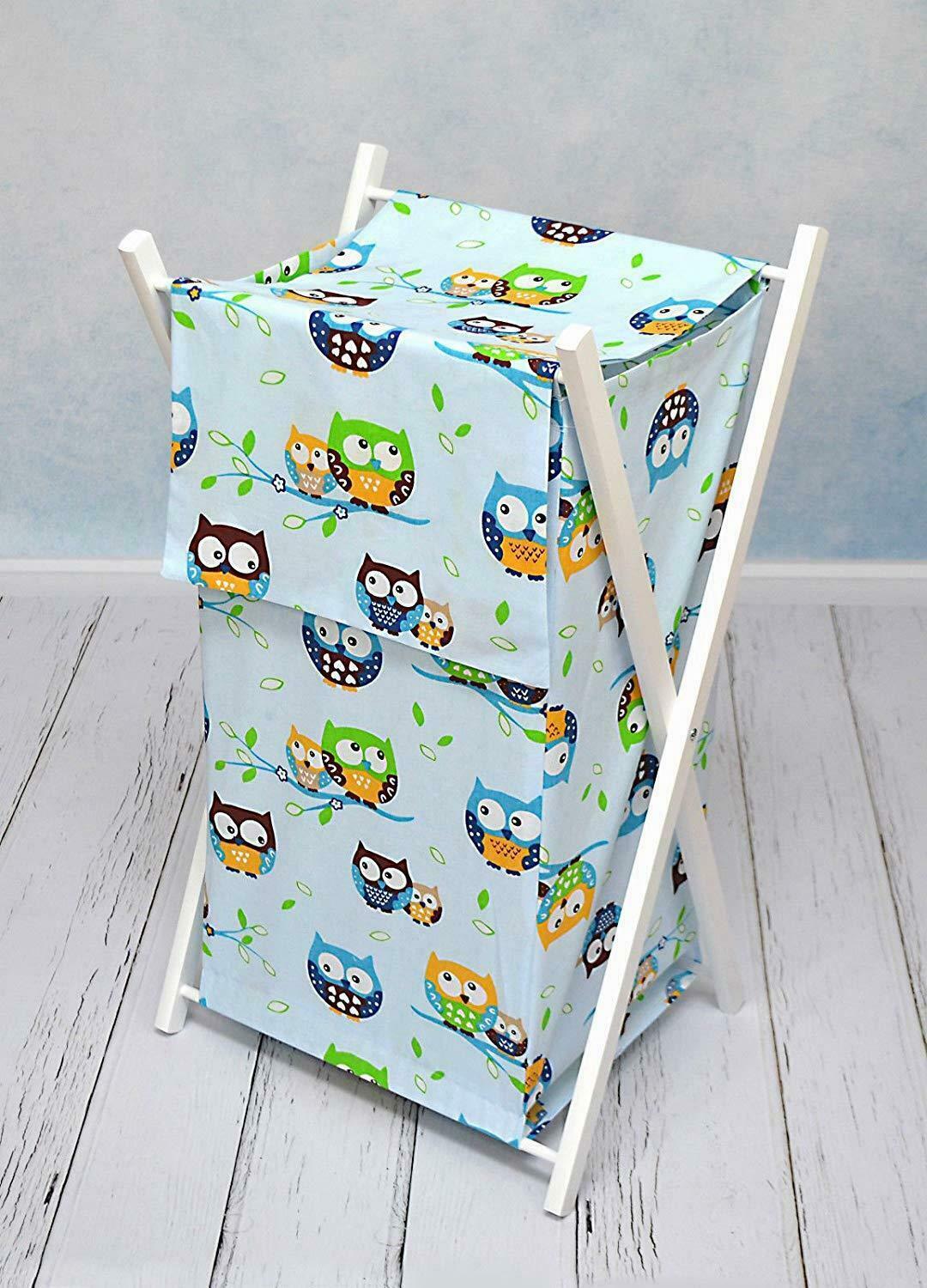 Laundry Basket with white wooden frame and storage removable linen OWLS BLUE