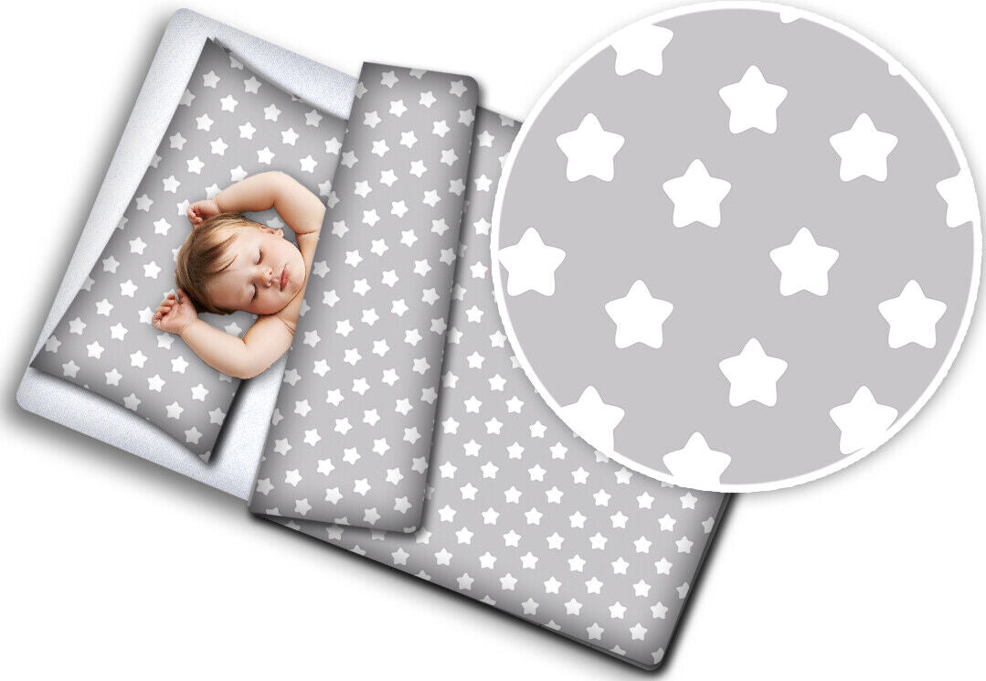 Baby Bedding Set 5pc Nursery Cotton Pillow Duvet Bumper 70x80cm Big White Stars On Grey
