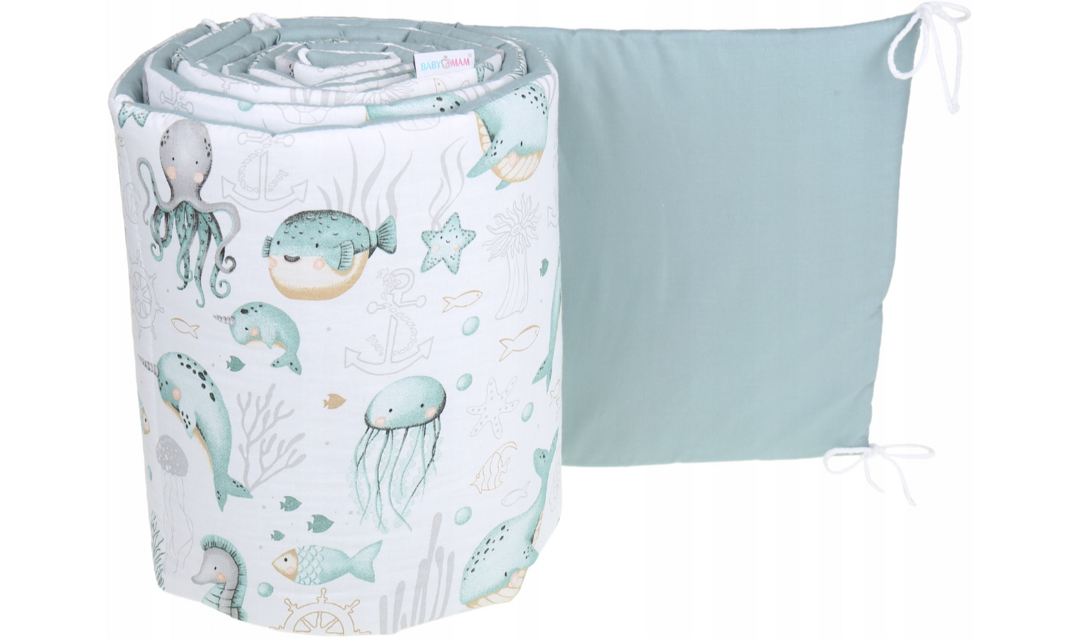 Padded Cot Bumper 180x30cm 100% Cotton Sea life/ Sage