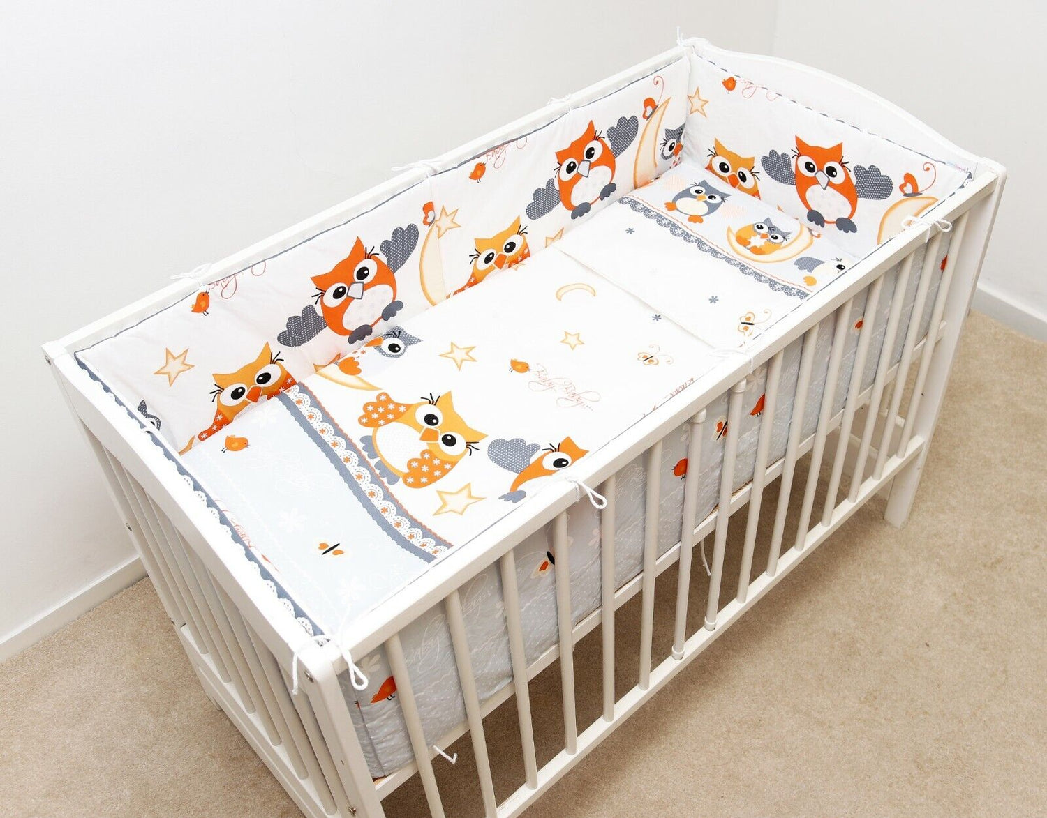 Baby Bedding Set 6pc All-round Bumper Fit Cot 120x60 Owls moon grey