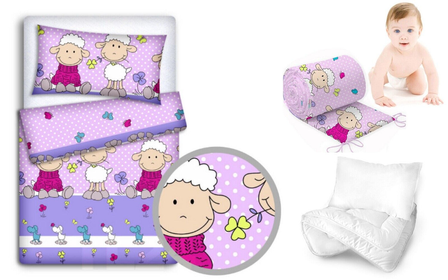 Baby Bedding Set 5pc Nursery Cotton Pillow Duvet Bumper 70x80cm Sheep pink