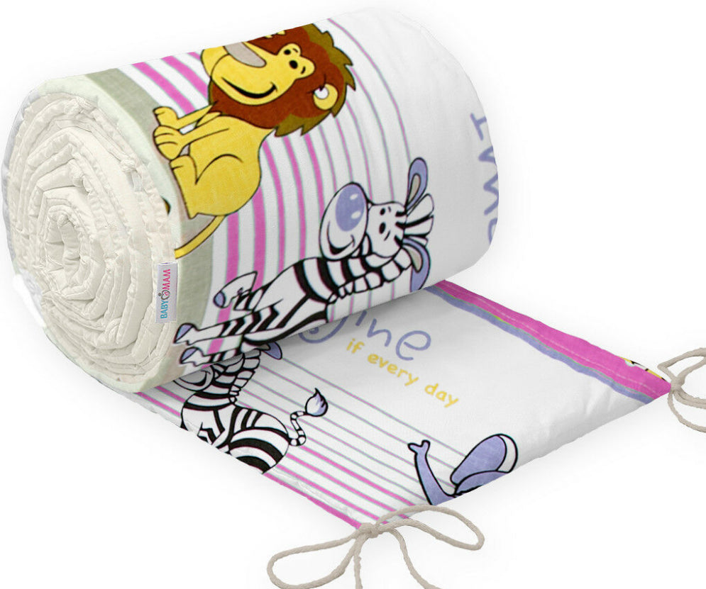 Baby Badded Bumper 180cm Fit Cot 100% Cotton Safari Pink
