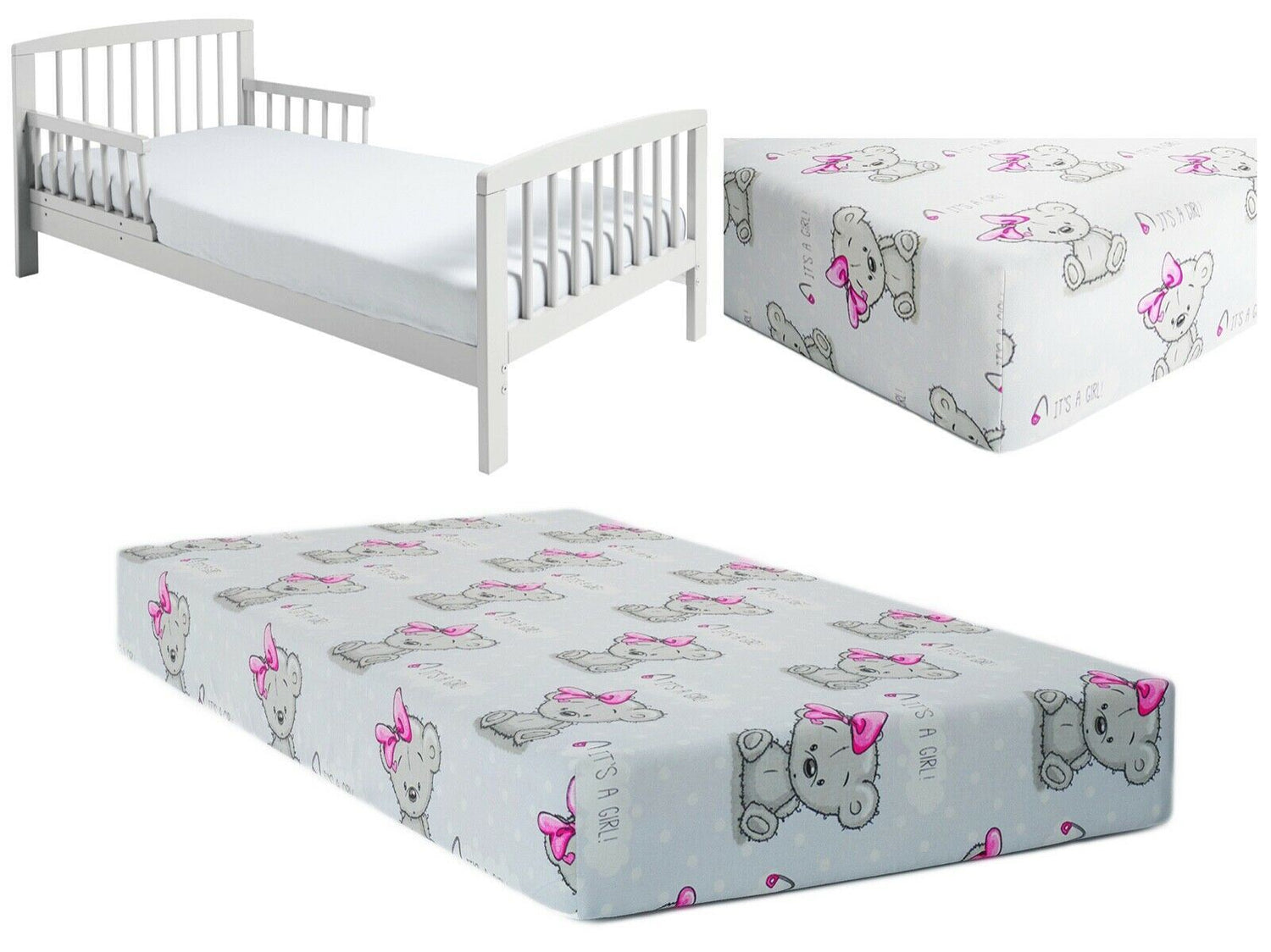 Baby Fitted Junior Bed Sheet Printed 100% Cotton Mattress 160X70cm Teddy Girl Grey